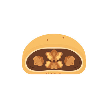 Fresh baked sweet bun with red bean paste and walnut pieces inside for a delicious traditional asian snack or dessert illustration isolated on transparent background, Vector