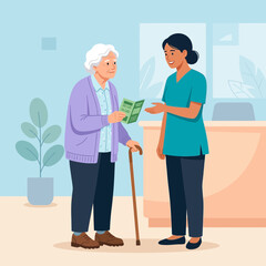 Fototapeta premium Caring Nurse Explains Brochure to Elderly Woman with Cane
