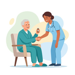 Obraz premium Caring nurse giving medication to an elderly man sitting in a chair, handshake, healthcare, compassion, and support illustration.