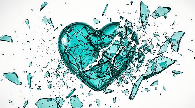 Broken turquoise glass heart shattered into sharp shards with emotions