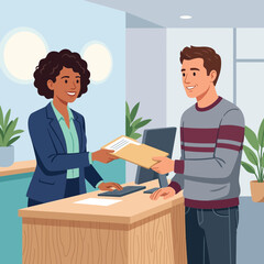 Obraz premium Customer Service Interaction: Woman Hands Document to Man at Reception Desk with Computer and Plants