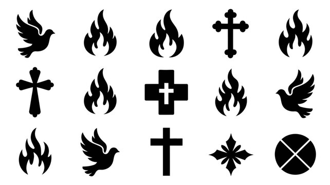 Vintage inspired black symbols collage featuring crosses doves flames and stars on light background with stars arranged grid pattern with showcases collection bold