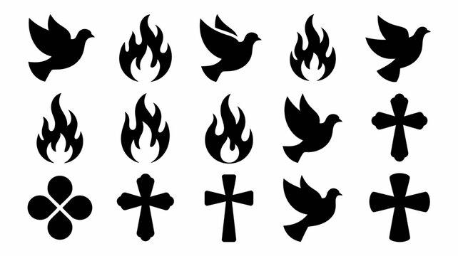 Vintage inspired silhouette collage of birds flames crosses with striking black white collage vintage style silhouettes combining birds designs arranged symmetrical