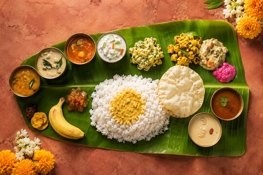 Delicious vegetarian sadhya feast served fresh on a green banana leaf for happy onam a grand south indian festival in kerala traditions