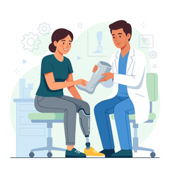 Fototapeta premium Doctor Consults Patient with Advanced Prosthetic Leg in Modern Medical Office