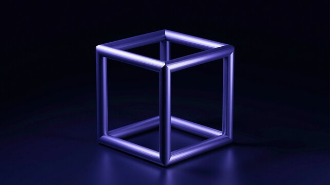 Glowing purple metallic hollow cube frame placed on dark reflective background, abstract impossible geometry art concept