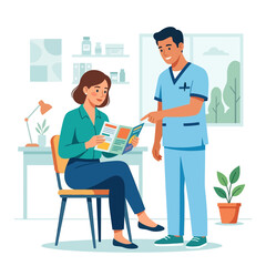 Fototapeta premium Doctor Advises Patient Reading Brochure in Medical Office Waiting Area, Flat Design