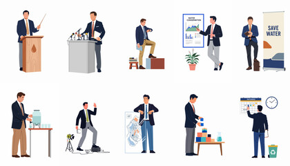 Fototapeta premium Flat illustration set of a businessman in various professional situations including presentations, conferences, and daily office tasks.