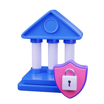 3D Bank Building with Shield and Financial Security