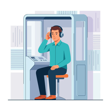 Man wearing headphones inside a soundproof booth, listening or recording audio