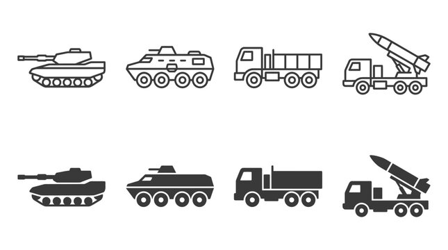 Armored military tanks combat vehicles supply trucks missile launcher vector icons set for defense and warfare