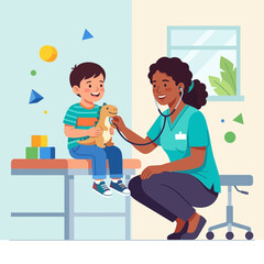 Fototapeta premium Pediatrician examining a child with a toy dinosaur using a stethoscope in a bright, friendly clinic setting.