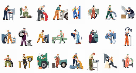 Fototapeta premium Collection of flat illustrations showing male mechanics and industrial workers performing various repair and maintenance tasks on automotive parts.