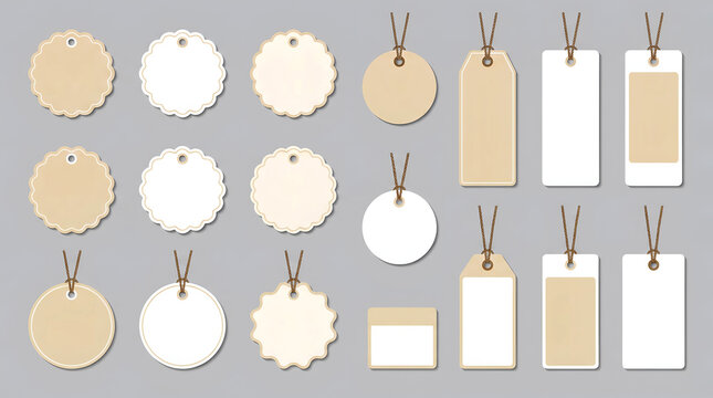 Blank price tags and shopping labels arranged neatly in various shapes and sizes on a neutral grey background.