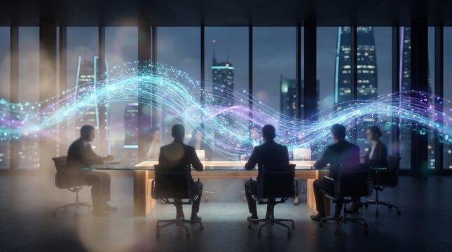 Business professionals sitting in dark boardroom with ethereal light wave patterns flowing over table representing big data insights and advanced artificial intelligence integration