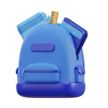 3D Render of Blue School Backpack with Books and Ruler for Education Concept