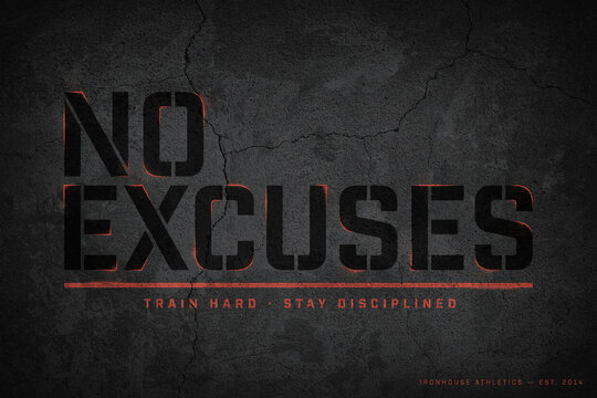 No Excuses motivational typography design. Stencil font text on cracked concrete wall background. Gym slogan. Train hard stay disciplined quote. Workout banner concept. Fitness gym poster.
