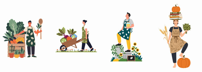Fototapeta premium Set of flat illustrations featuring diverse people gardening and harvesting fresh organic vegetables, pumpkins, and herbs during the autumn season on white background.