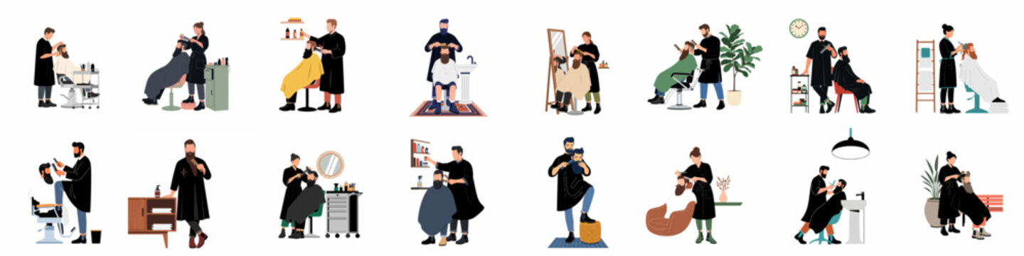Set of diverse barber and hair salon illustrations featuring stylists cutting, washing, and grooming hair for men and women on white background.