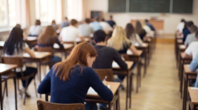 Students sitting at wooden desks in a bright classroom during an examination with blurred background of a lecture hall setting for academic assessment and educational testing concepts