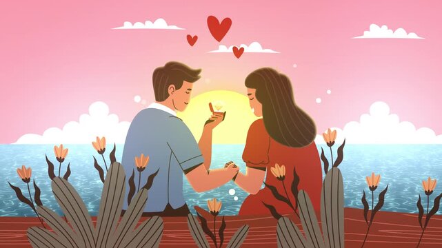 Romantic Couple in Love with Heart and Flowers, Cute Cartoon Vector Illustration for Valentine&rsquo;s Day, Wedding, Family and Romantic Celebration Card Design