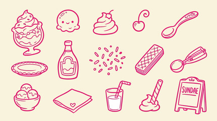 Cute hand-drawn doodle set of ice cream and dessert elements with a pink outline on a beige background.