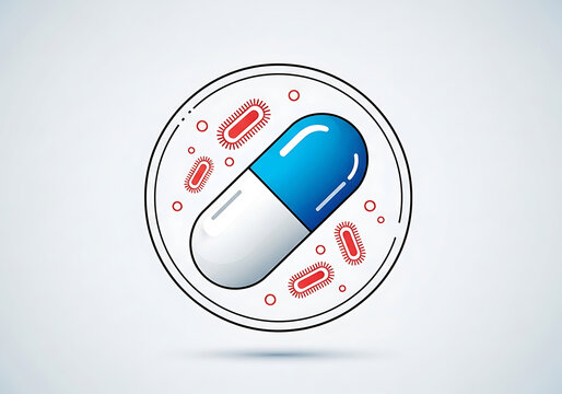 Antibiotic capsule icon with bacteria isolated on transparent background for medical research