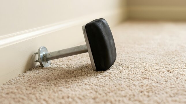 A close up view of a professional carpet installation power stretcher knee kicker tool used for floor repair work, positioned on a beige residential carpet surface near a white wooden baseboard wall.