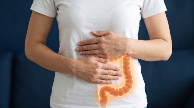 Woman holding her lower abdomen with glowing orange anatomical illustration of large intestine and colon overlay, visualizing digestive health issues like irritable bowel syndrome