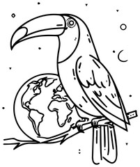 Naklejka premium Toucan perched on globe at night with stars with depicts toucan sitting branch globe behind nighttime black white illustration exploration with ornithology