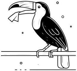 Naklejka premium Toucan bird perched on branch with open beak holding paper with white cartoon toucan holding piece black white communication information with wildlife