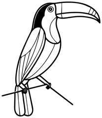 Naklejka premium Toucan perched on branch with large beak tropical bird illustration with minimalist line drawing ornithology rainforest ecosystem wildlife