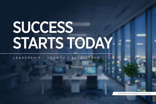 Success starts today lettering on blue background with blurred office view modern skyline corporate concept leadership growth excellence white text typography business presentation design