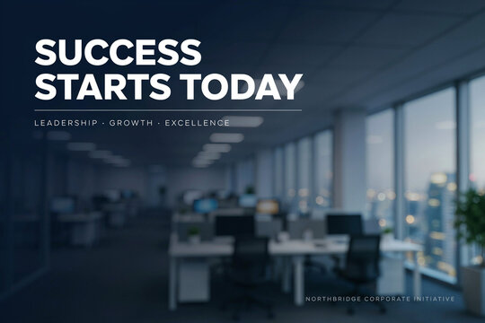 Success Starts Today: Motivational Office Text Overlay; Blurred Modern Workstation Background with Large Windows, Corporate Environment, Leadership Concept, Blue Tone Stock Photo