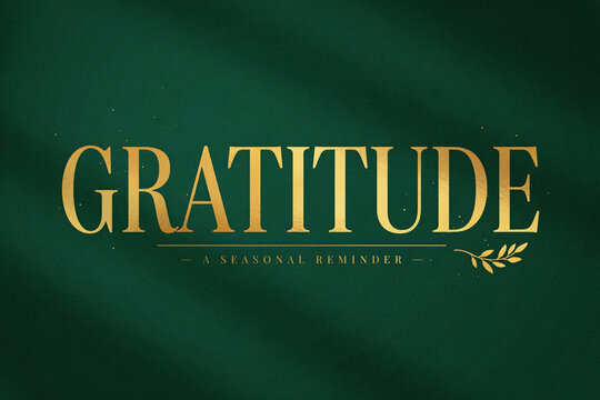 Golden Gratitude Typography on Deep Green Velvet Texture, Elegant Serif Font Design, Premium Words of Inspiration, Luxurious Editorial Layout With Gold Leaf And Branch Motif