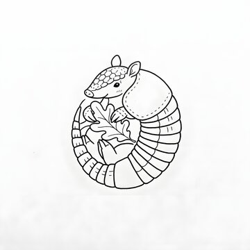 Detailed armadillo illustration curled in defensive ball with textured shell and leaf motif
