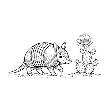 Armadillo walking beside a blooming cactus, black and white line art illustration.