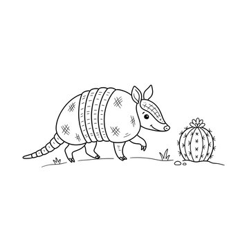 Hand-drawn armadillo walking beside small cactus in desert landscape illustration