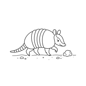 Cartoon armadillo walking on dirt path beside small scattered stones in minimalist illustration