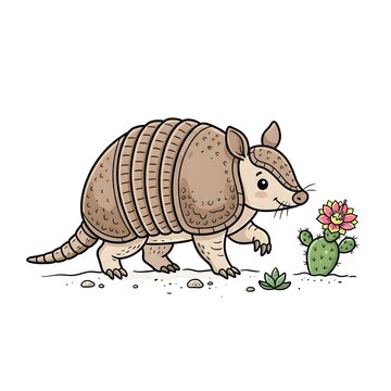 Cute cartoon armadillo walking in grass sniffing colorful wildflowers in nature scene