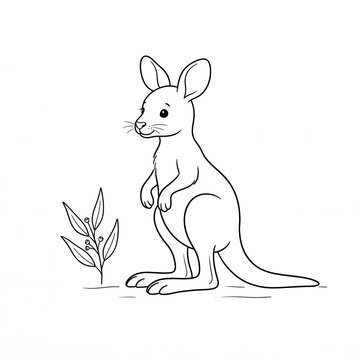 Cute baby kangaroo standing beside green leafy plant in minimalist illustration style