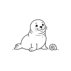 Fototapeta premium Cute cartoon baby seal sitting on white background with seashell illustration