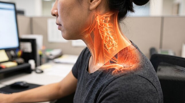 Side view profile of a woman working at a computer desk with a glowing red anatomical overlay of the cervical vertebrae and neck muscles highlighting strain.