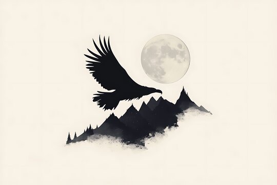 Eagle soaring over mountain range under full moon