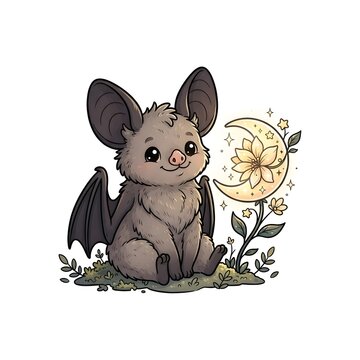 Cute cartoon bat holding a daisy flower in a whimsical meadow setting illustration