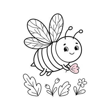 Hand-drawn cartoon bee holding pink flower petal flying above sprouting clover plants
