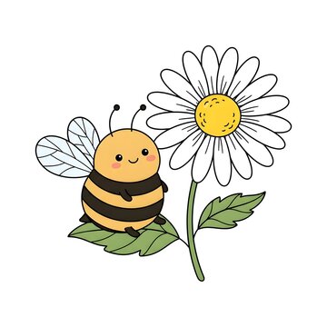 Cartoon bee resting on green leaf beside bright white daisy flower illustration
