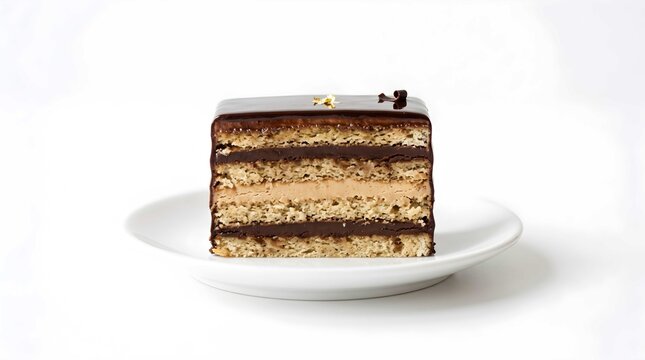 Slice of gourmet opera cake with chocolate ganache and coffee buttercream on a white plate