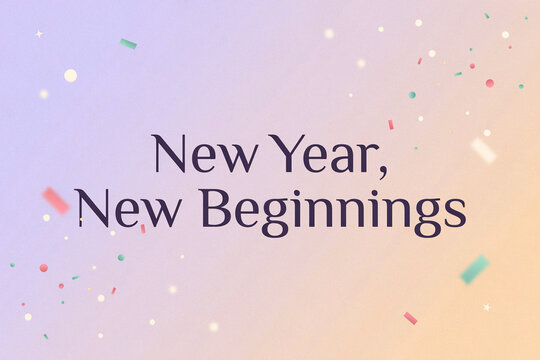 New Year, New Beginnings text on pastel gradient background. Festive greeting card design with confetti. Modern typography for holiday social media post. Celebratory banner template.