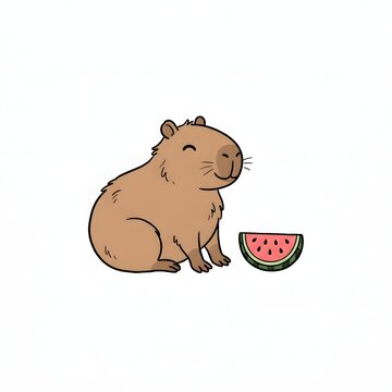 Cute capybara sitting beside small watermelon slice on white background